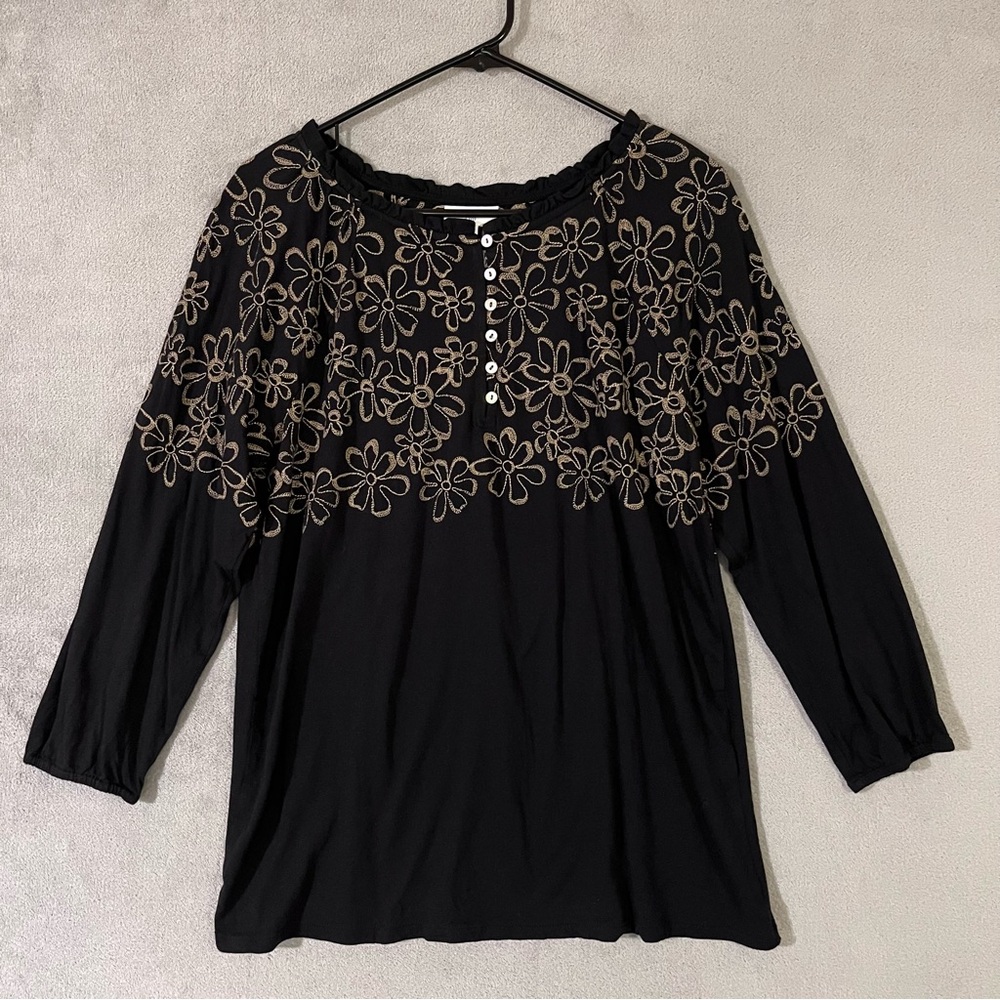J Jill Floral Embroidered Black Popover Tunic Top Size Small Tall